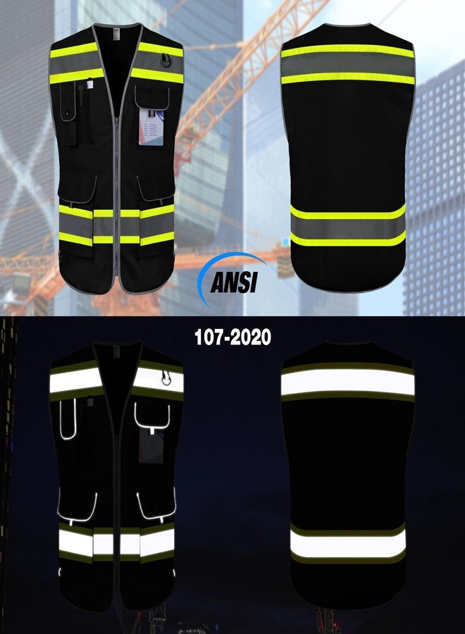 TCCFCCT Hi Vis Vest 9 Pockets High Visibility Reflective Safety Vest for Men Women, Construction Work Vest with Fluorescent Yellow Extend Edge, Durable to Use, Meets ANSI/ISEA, (DB-Black, Medium) - Image 2
